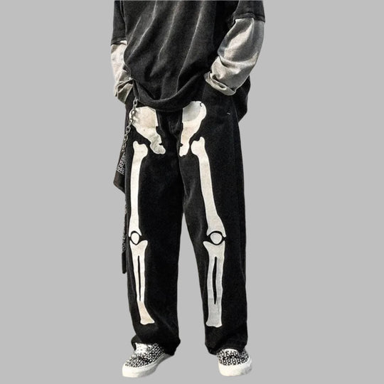 Wide Leg Skeleton Print Jeans