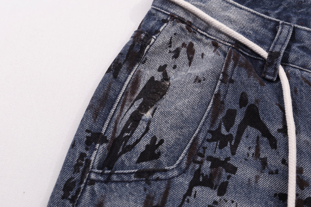 Dark Distressed Graffiti Print Straight-Leg Denim Jeans