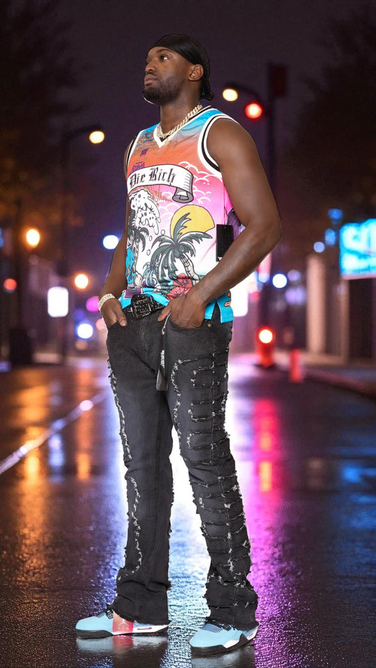 Rugged Urban Distressed Jeans - Best Fitted Black Stack with Fringe Cuts