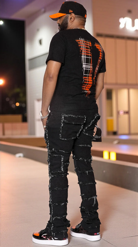 Statement Layered Distressed Jeans - Best Fitted Black Stack with Fringe Detail