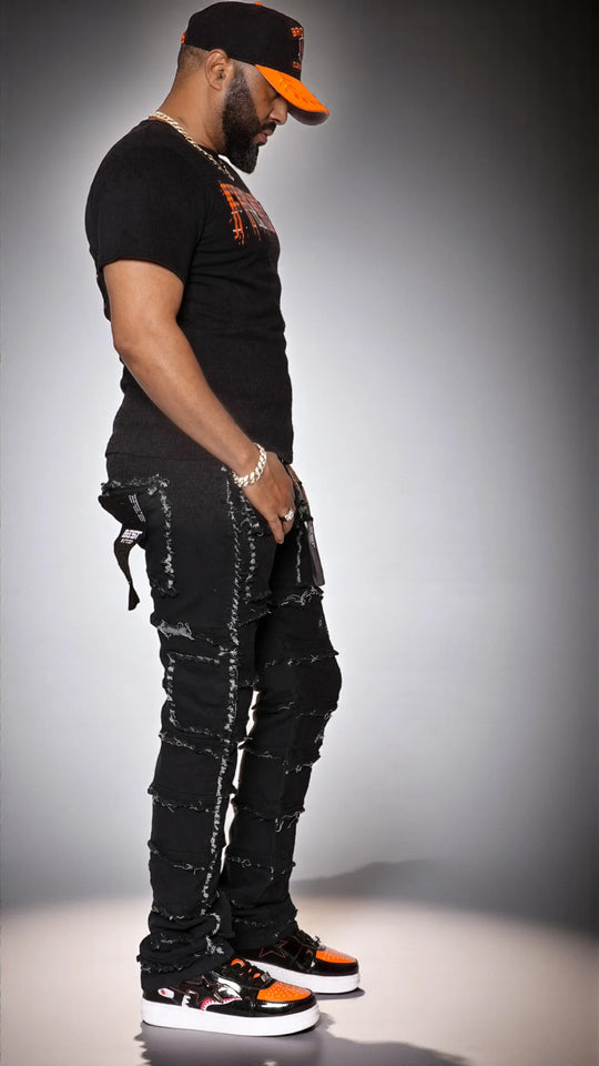 Statement Layered Distressed Jeans - Best Fitted Black Stack with Fringe Detail