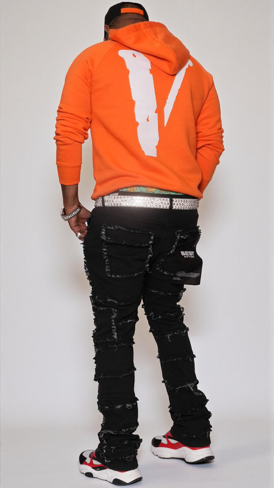 Statement Layered Distressed Jeans - Best Fitted Black Stack with Fringe Detail