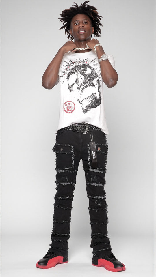Statement Layered Distressed Jeans - Best Fitted Black Stack with Fringe Detail