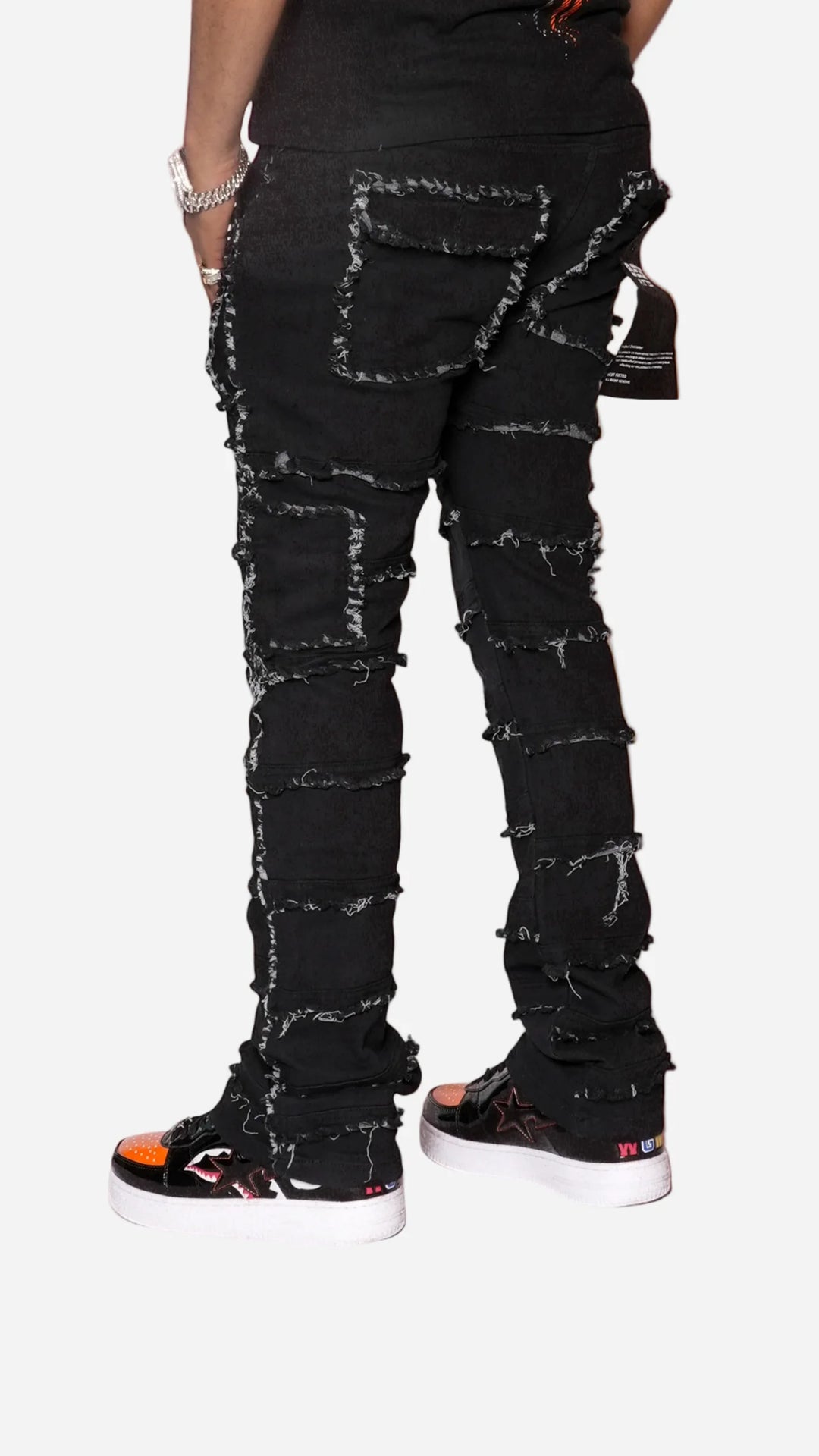 Statement Layered Distressed Jeans - Best Fitted Black Stack with Fringe Detail