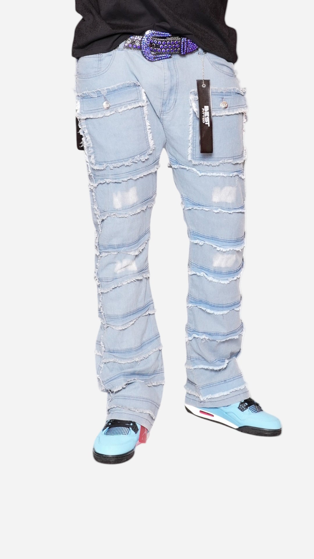 Statement Layered Distressed Jeans - Best Fitted Blue Stack with Fringe Detail
