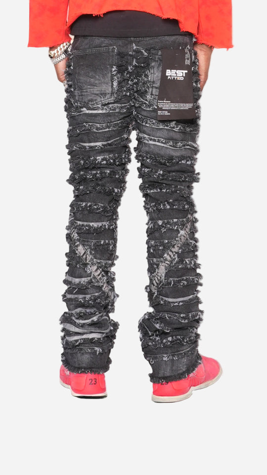 Extreme Ripped Stack Jeans - Best Fitted Black Fringe Layered Denim