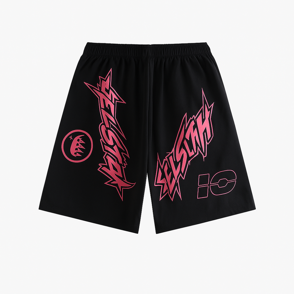 SELLSTAR Lightning Bolt Graphic Shorts – Black & Pink Energy Edition