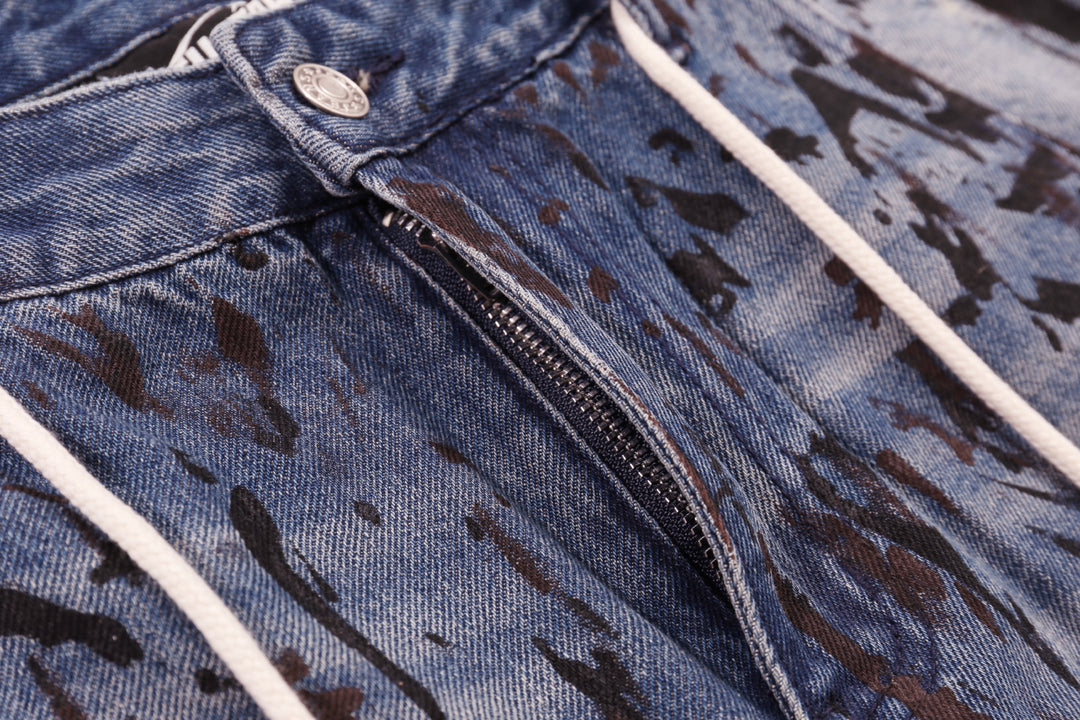 Dark Distressed Graffiti Print Straight-Leg Denim Jeans