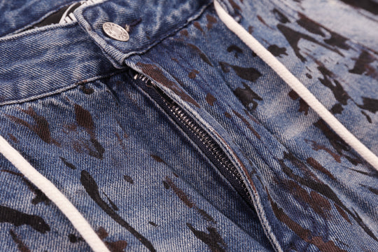 Dark Distressed Graffiti Print Straight-Leg Denim Jeans