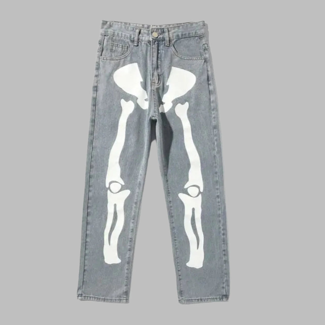 Wide Leg Skeleton Print Jeans