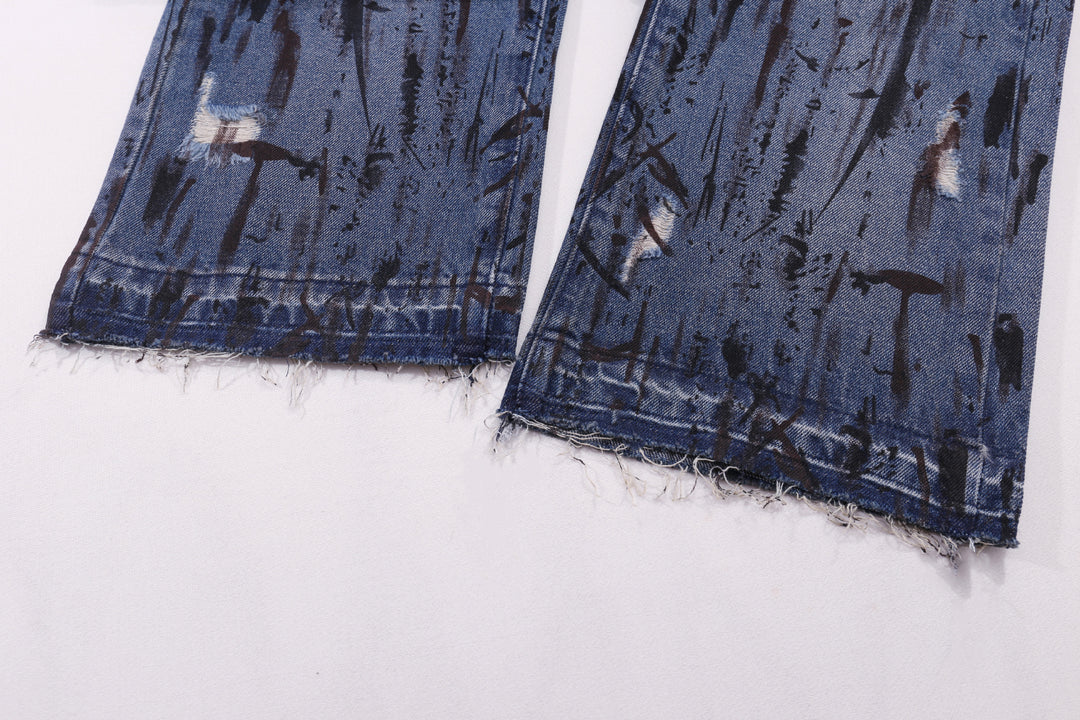 Dark Distressed Graffiti Print Straight-Leg Denim Jeans