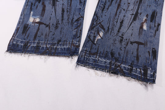 Dark Distressed Graffiti Print Straight-Leg Denim Jeans