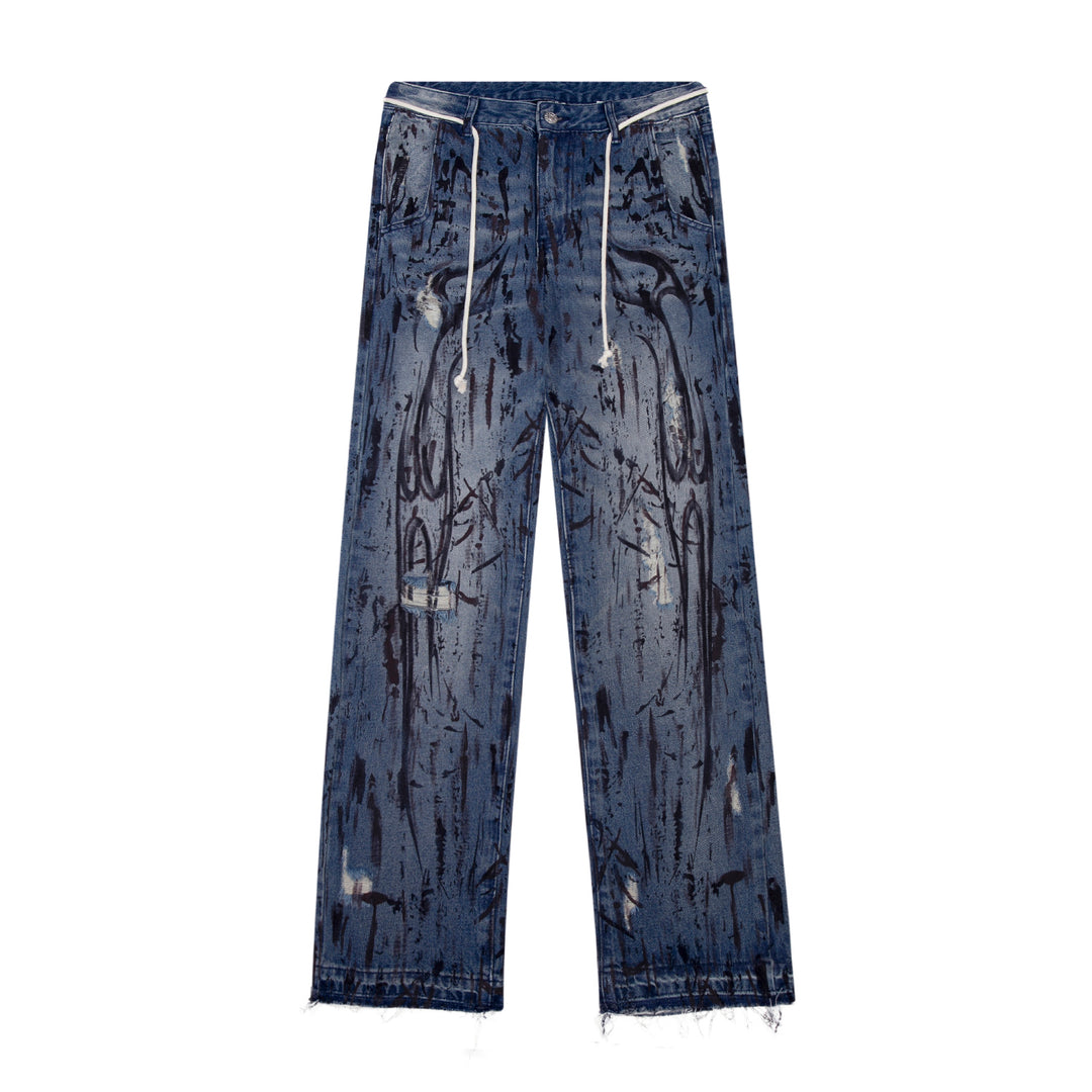 Dark Distressed Graffiti Print Straight-Leg Denim Jeans