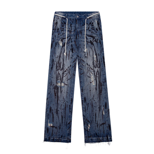 Dark Distressed Graffiti Print Straight-Leg Denim Jeans