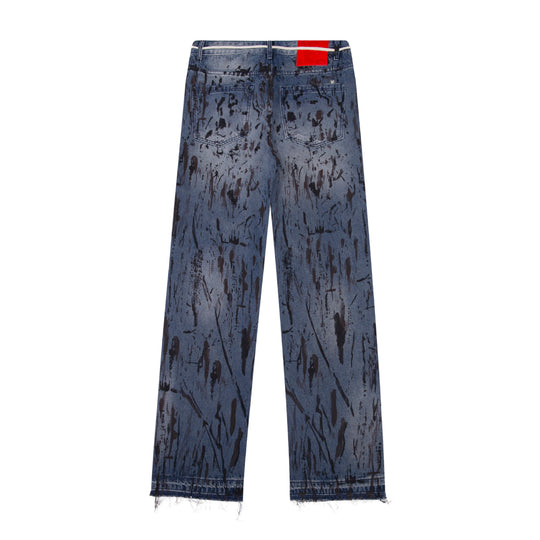 Dark Distressed Graffiti Print Straight-Leg Denim Jeans