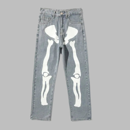 Wide Leg Skeleton Print Jeans