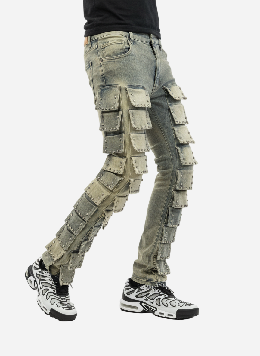 Person wearing a unique, baggy pants with multiple pockets on a white background