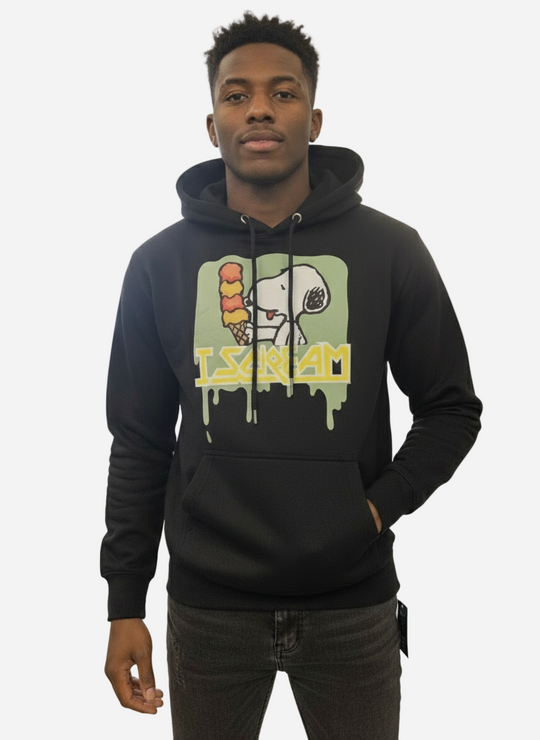 Person wearing a black hoodie with a colorful graphic design on a plain background