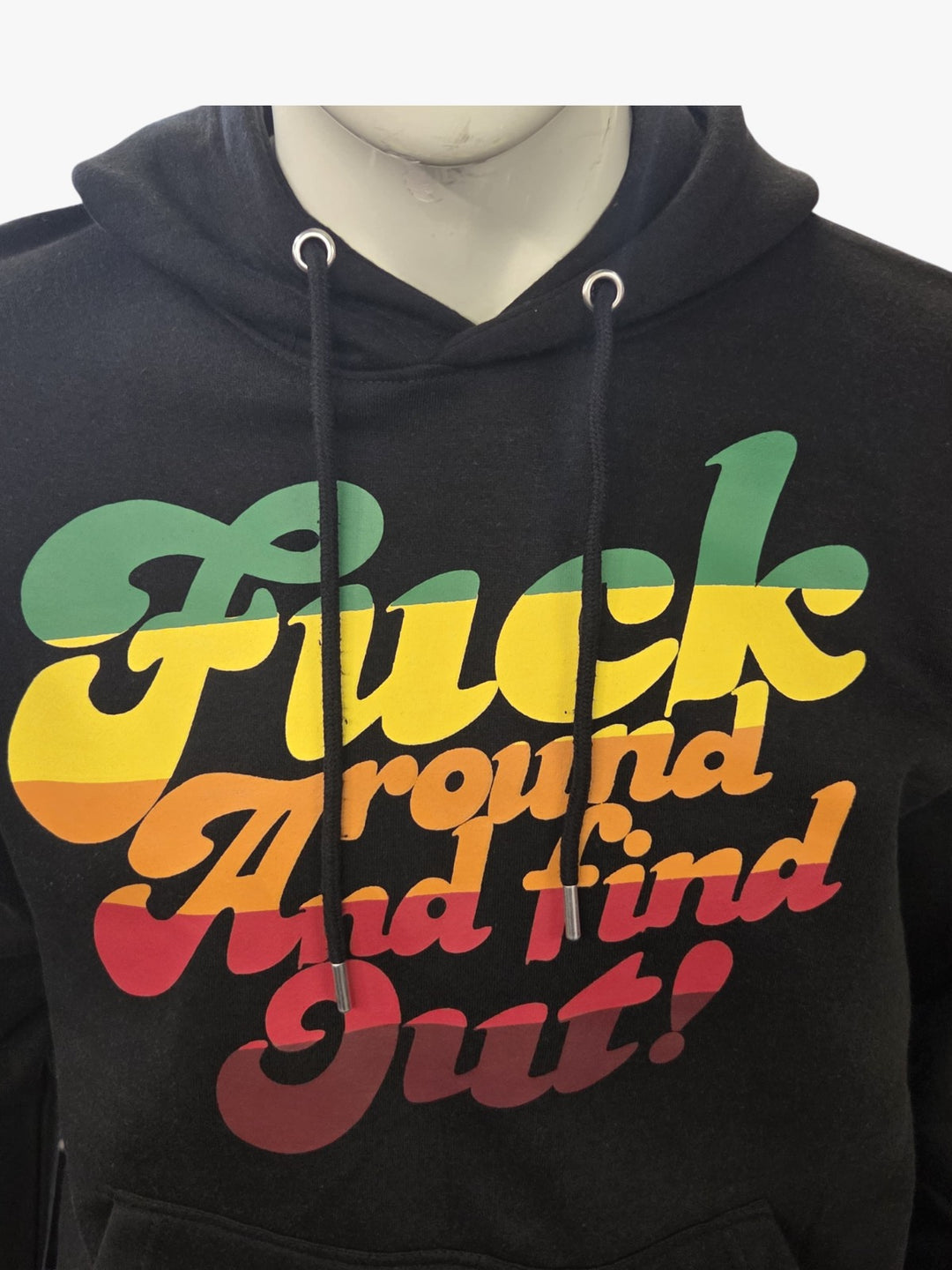 Black hoodie with colorful text design on a white background