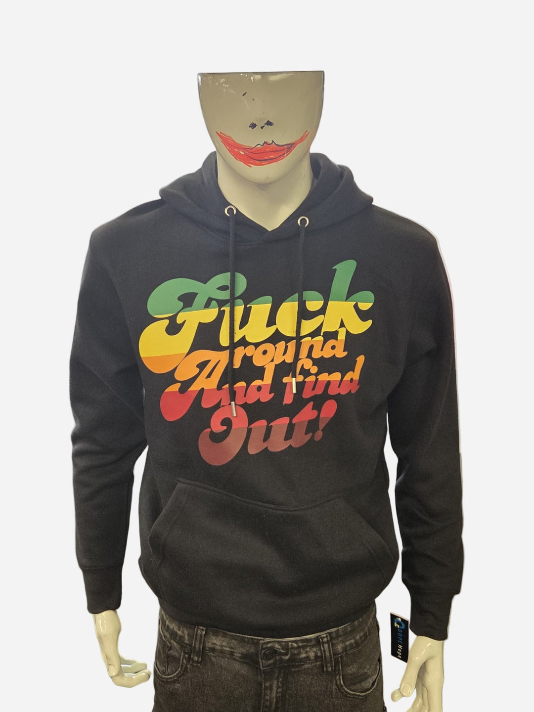 Black hoodie with colorful text on a mannequin against a plain background