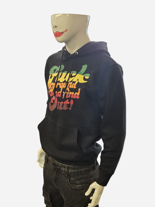 Black hoodie with colorful text on a mannequin against a white background