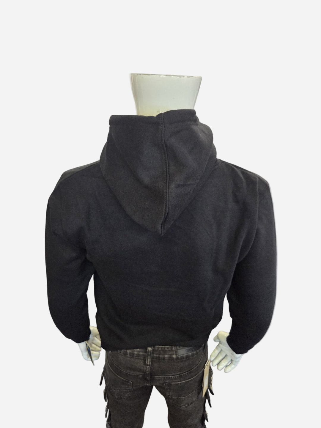 Black hoodie on a mannequin against a white background