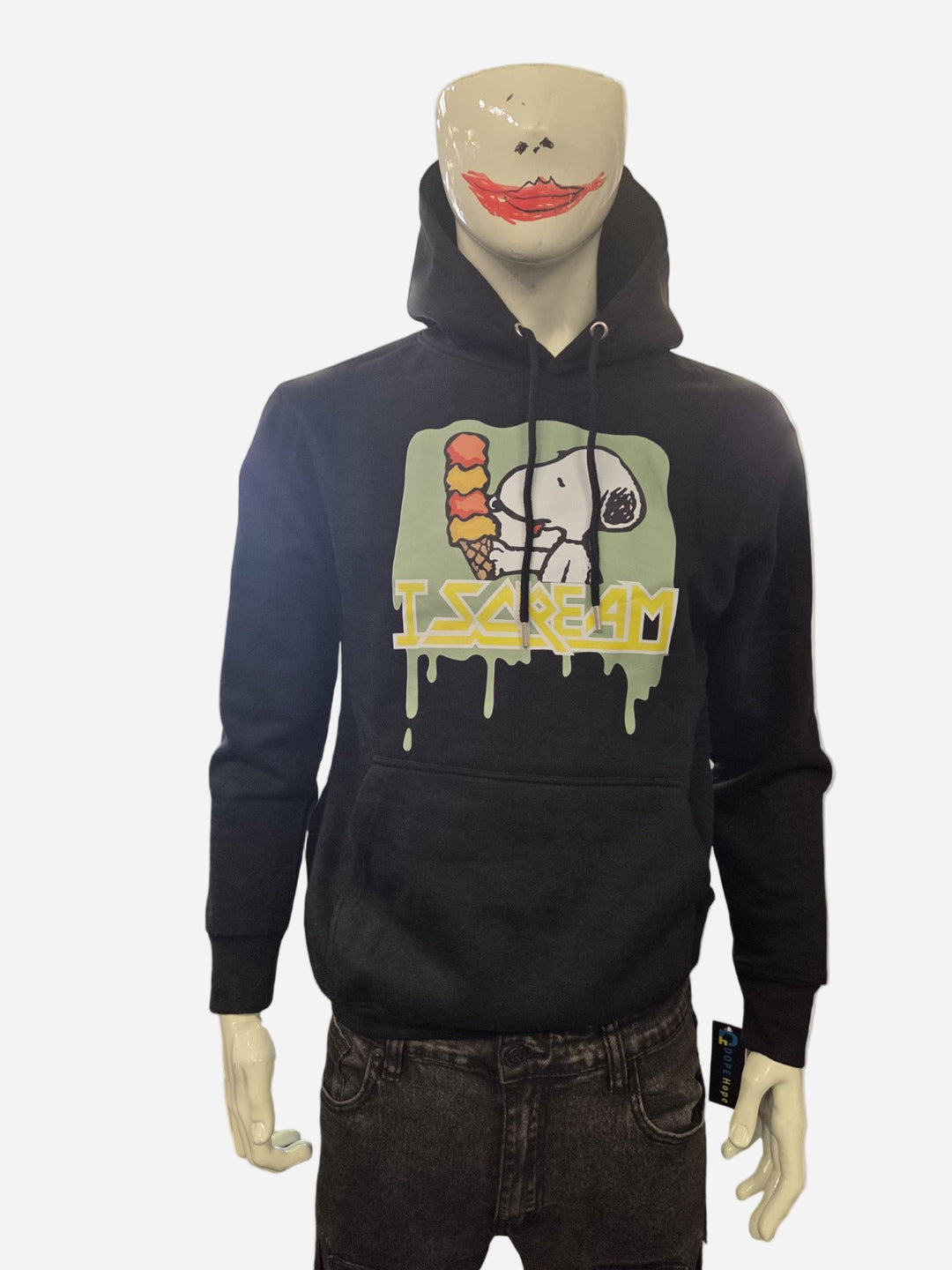 Black hoodie with a graphic design on a mannequin against a plain background