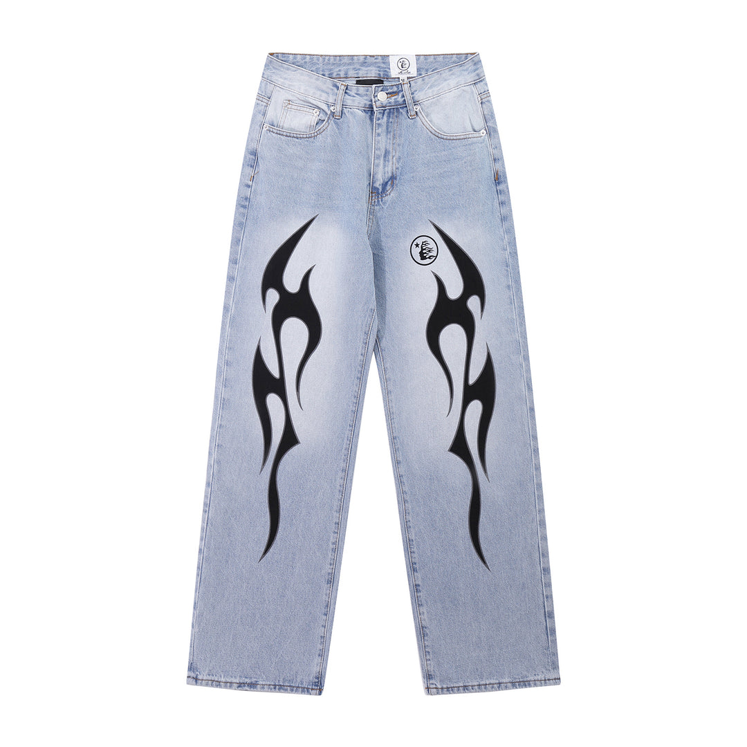Light Wash Flame Graphic Straight-Leg Jeans