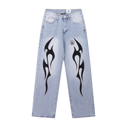 Light Wash Flame Graphic Straight-Leg Jeans