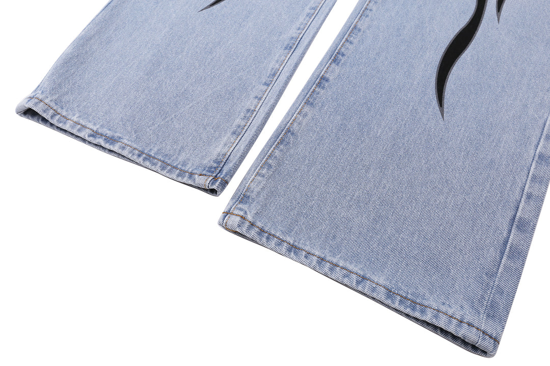 Light Wash Flame Graphic Straight-Leg Jeans