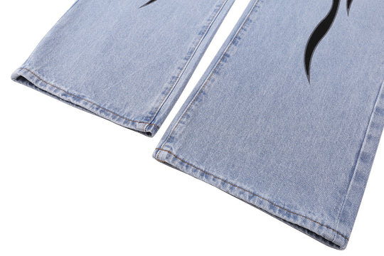 Light Wash Flame Graphic Straight-Leg Jeans