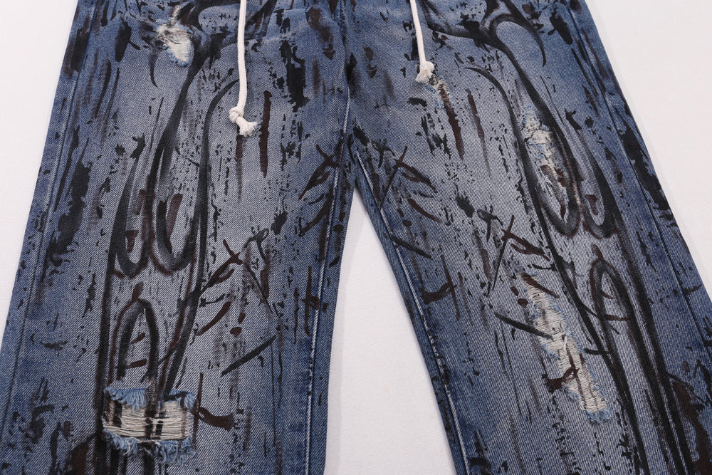 Dark Distressed Graffiti Print Straight-Leg Denim Jeans
