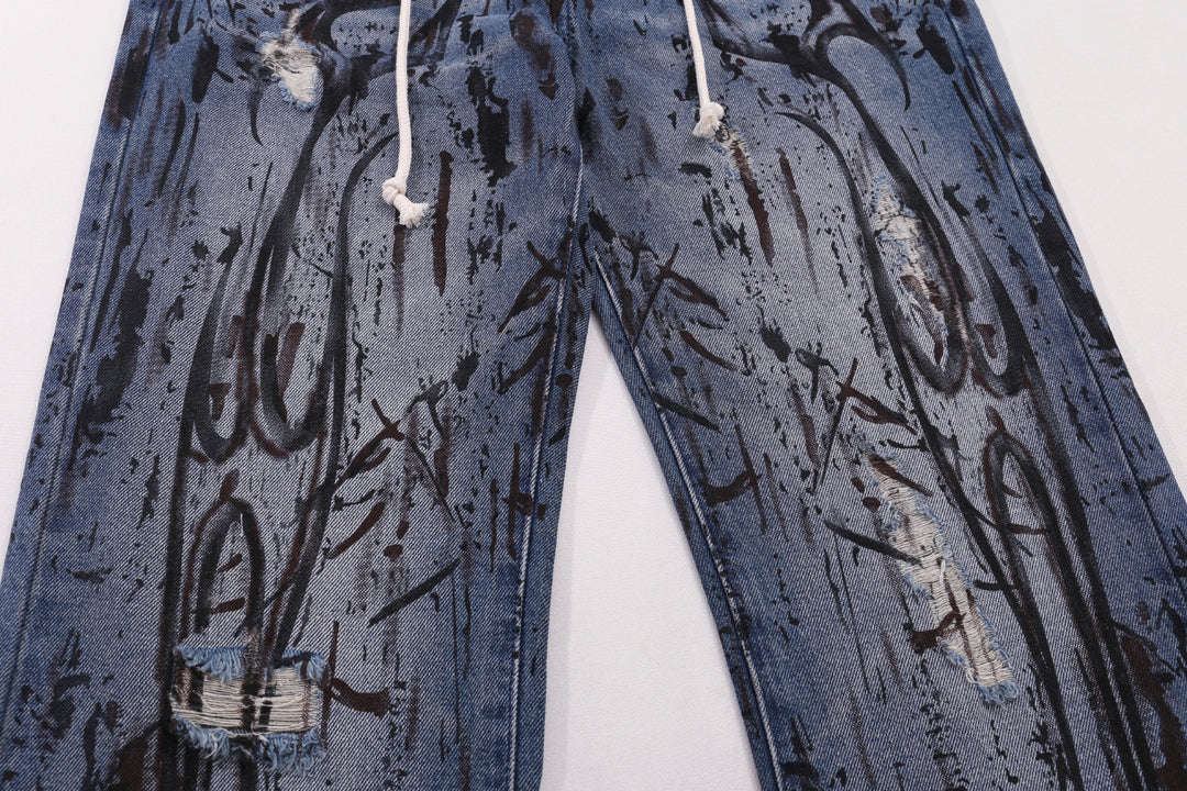 Dark Distressed Graffiti Print Straight-Leg Denim Jeans