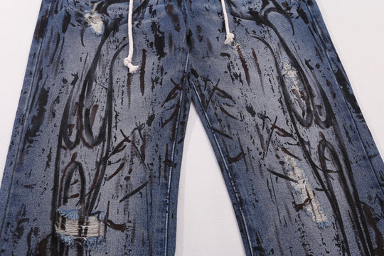 Dark Distressed Graffiti Print Straight-Leg Denim Jeans