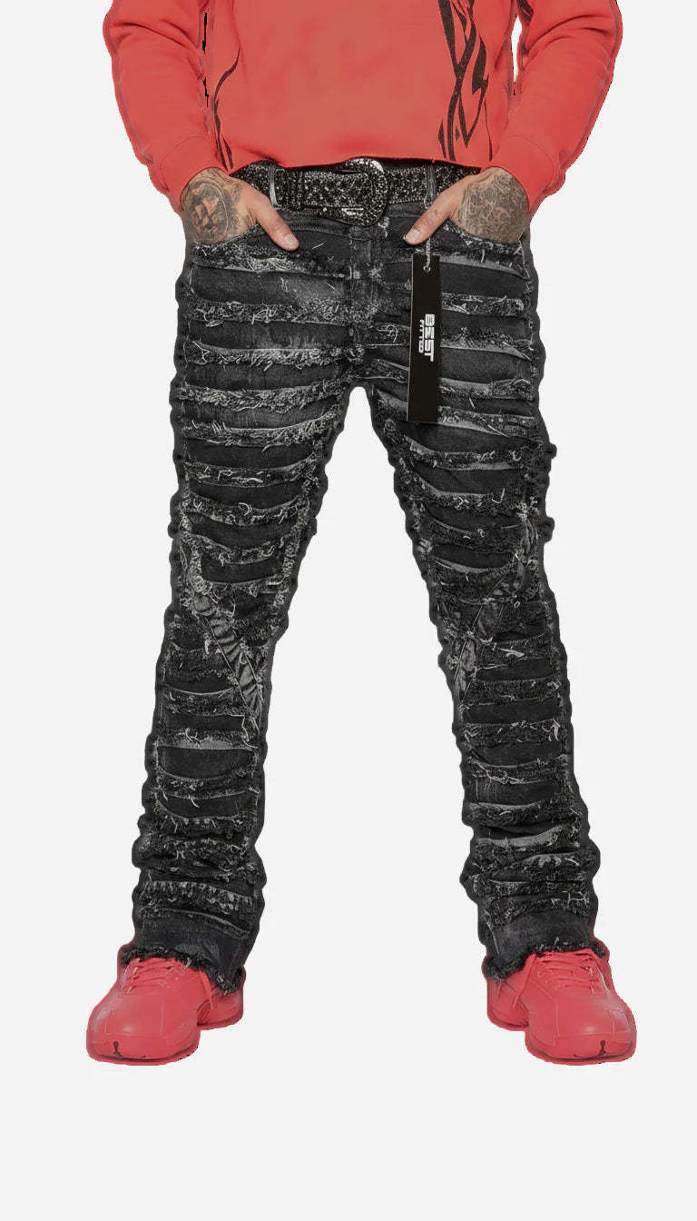 Extreme Ripped Stack Jeans - Best Fitted Black Fringe Layered Denim