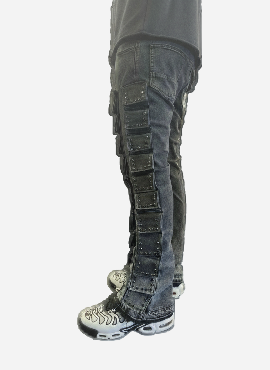 Dark gray cargo pants with multiple pockets on a white background