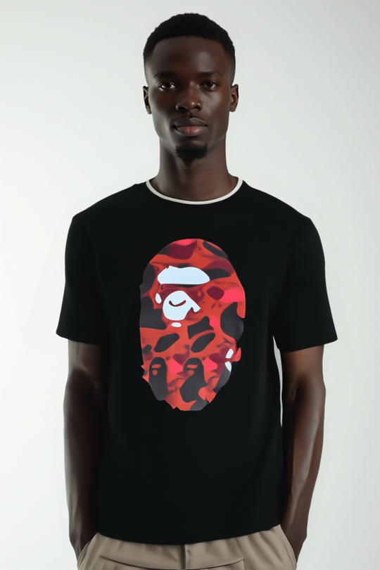 Black & Red Color Camo Big Ape Head T-shirt