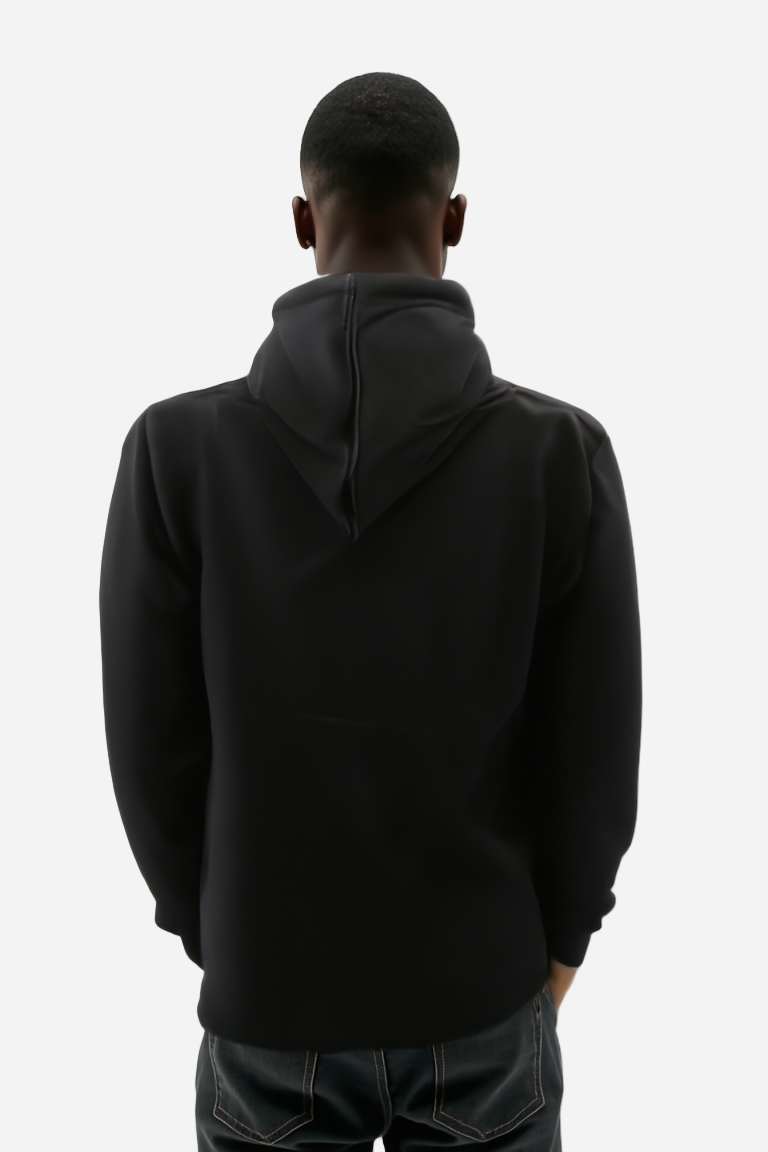 Person wearing a black hoodie from behind on a white background
