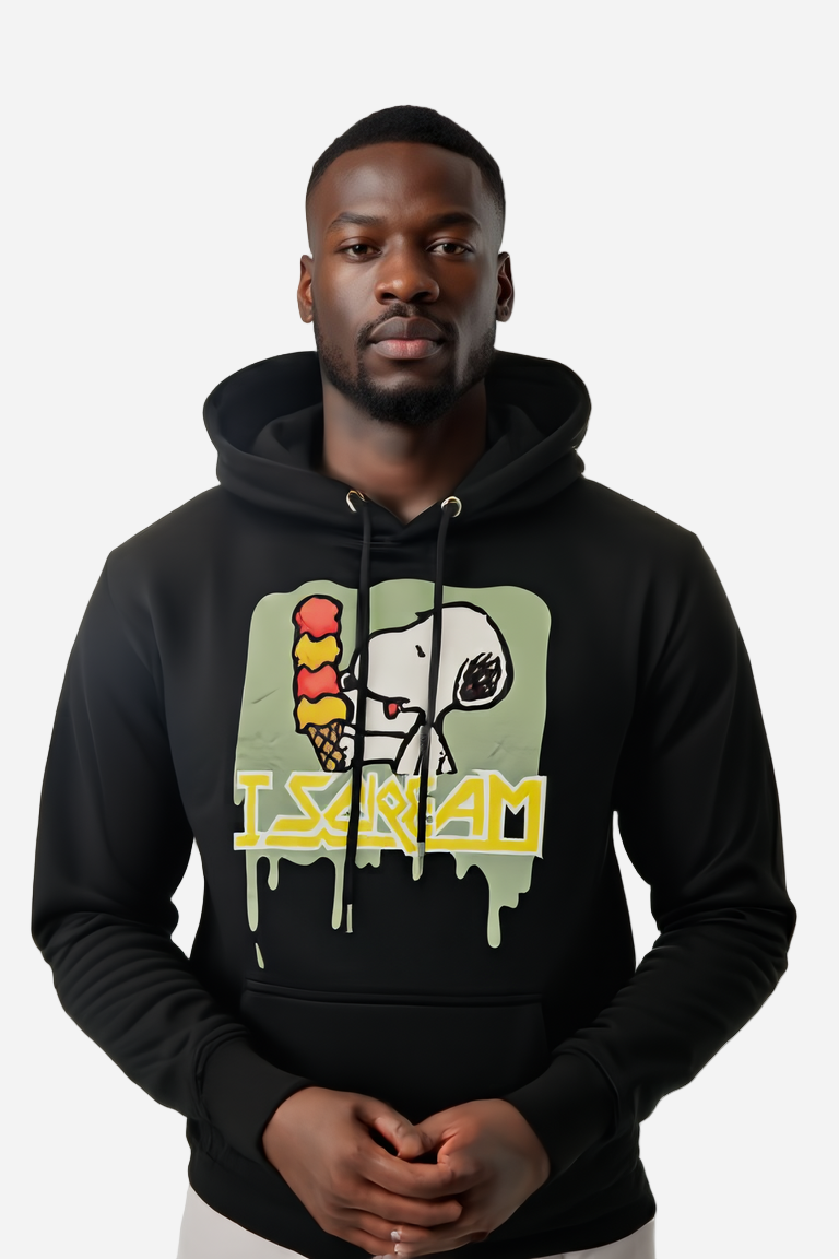 Person wearing a black hoodie with a graphic design on a white background