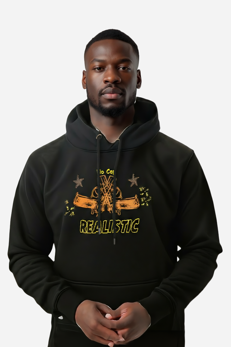 Man wearing a black hoodie with a graphic design and text on a white background