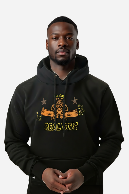 Man wearing a black hoodie with a graphic design and text on a white background