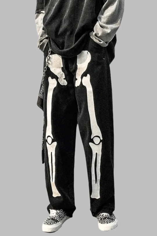 Wide Leg Skeleton Print Jeans