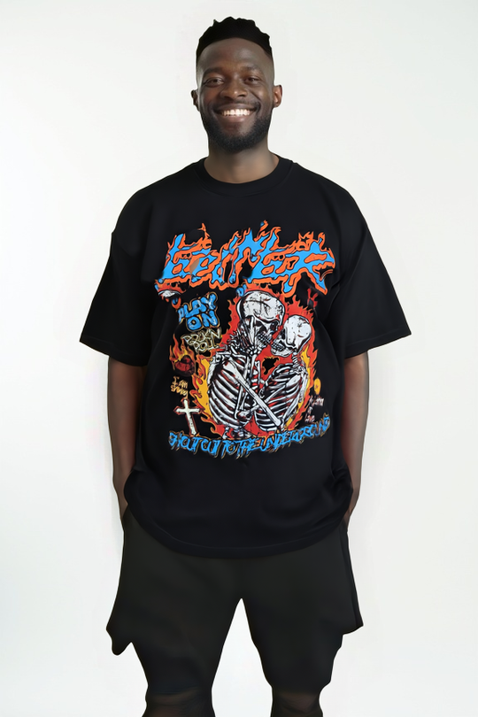 "Play On" Skeleton Flame Graphic T-Shirt – Black Underground Edition