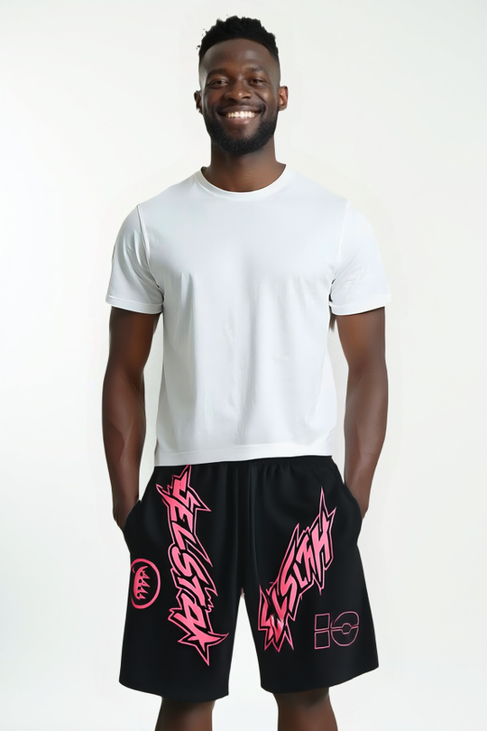 SELLSTAR Lightning Bolt Graphic Shorts – Black & Pink Energy Edition