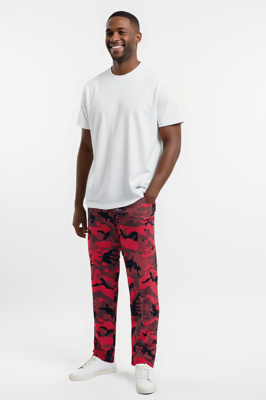Red Camo Tactical Cargo Pants with Drawstring Hems