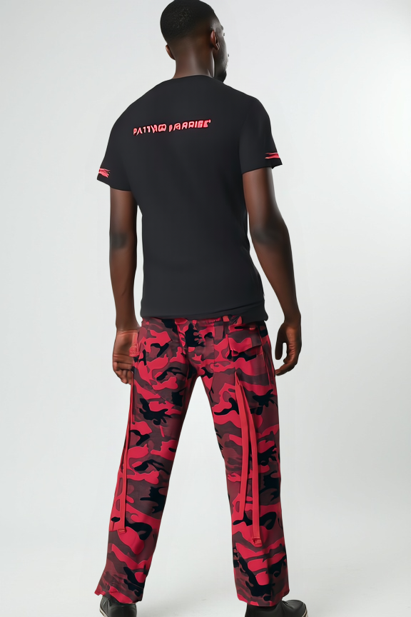 Red Camo Tactical Cargo Pants with Drawstring Hems