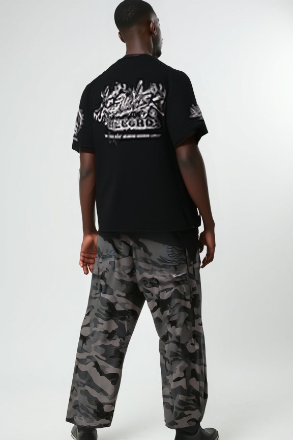 Black & Grey Camo Tactical Cargo Pants with Drawstring Hems