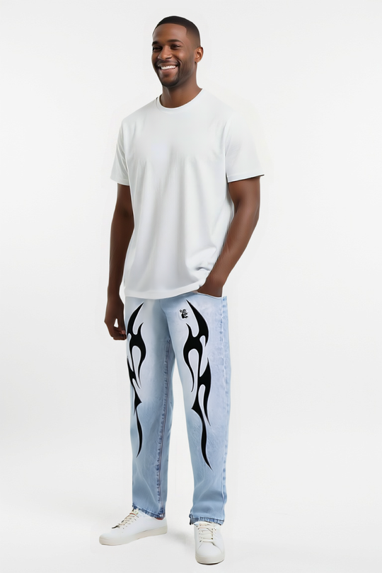 Light Wash Flame Graphic Straight-Leg Jeans