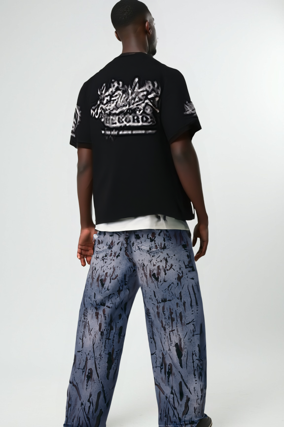 Dark Distressed Graffiti Print Straight-Leg Denim Jeans