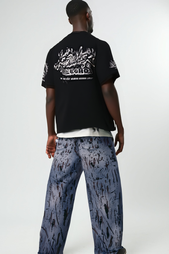 Dark Distressed Graffiti Print Straight-Leg Denim Jeans